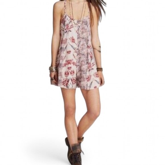 Free People Isabella Dress Side Lace Up Tie boho mixed print cut sew Romper Pink - Picture 7 of 7